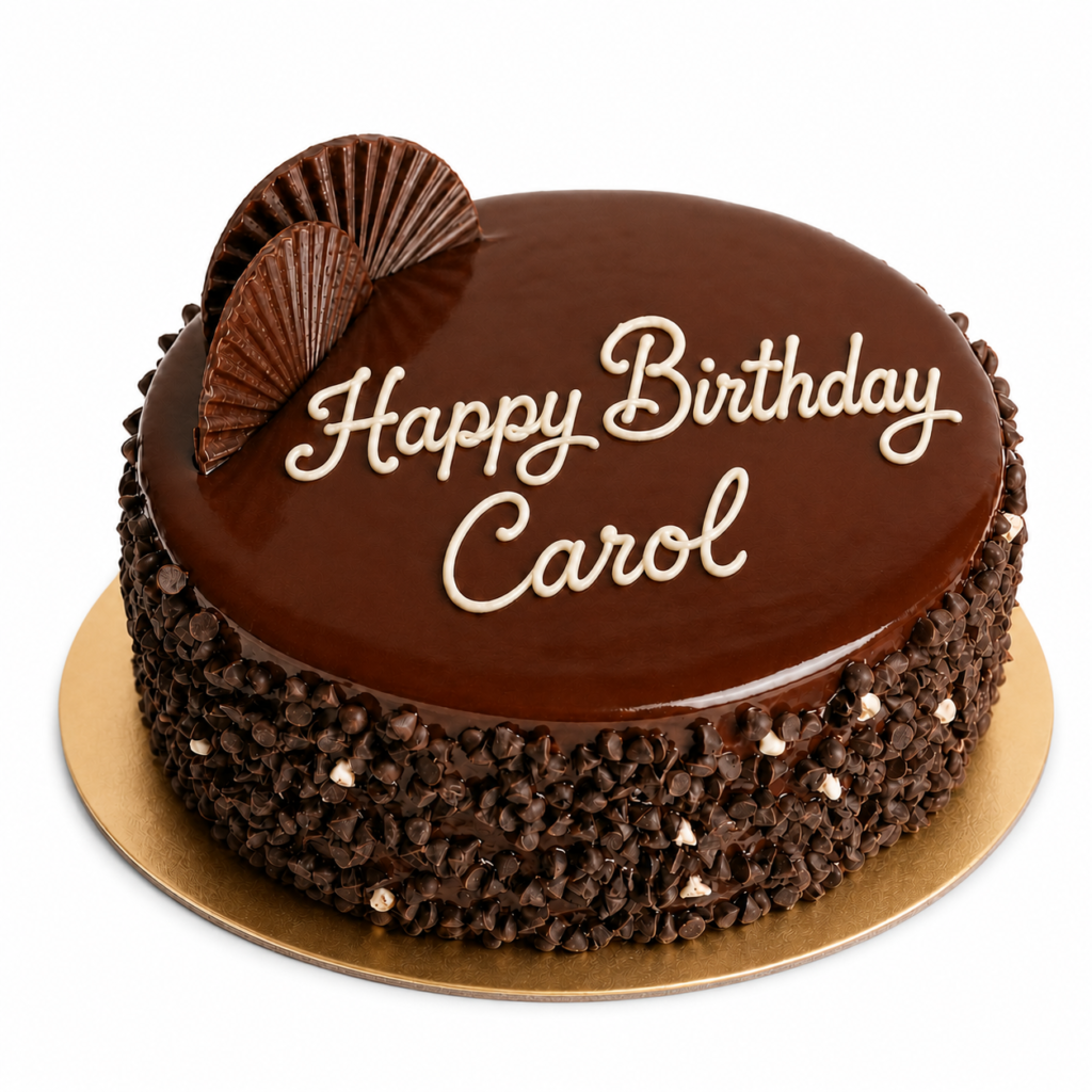 "Chocochips Chocolate Birthday Cake with moist chocolate sponge, rich chocolate frosting, and crunchy chocolate chips, freshly baked by Carol Cakes & Cafe in Mararikulam, Alappuzha."