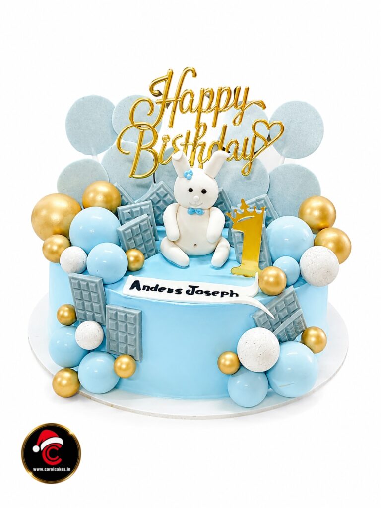 Birthday Theme Blue & Gold bunny Cake by Carol Cakes & Cafe Mararikulam