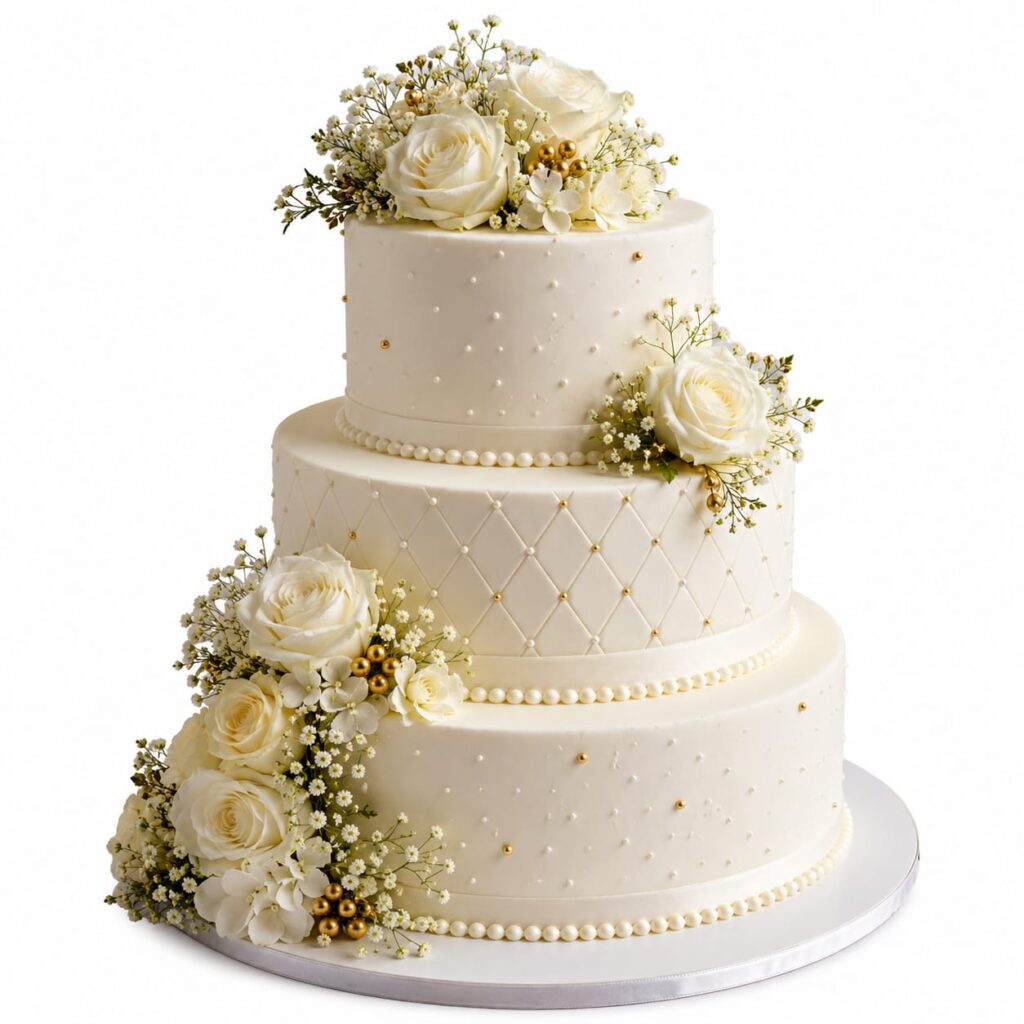 wedding cake by Carol CAkes & CAfe Mararikulam